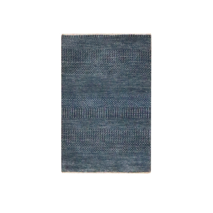 2'x3' Denim Blue, Lush and Plush, Sample, Modern Grass Design, Tone on Tone, Hand Knotted, Wool with touch of Silk, Mat, Oriental Rug FWR459054