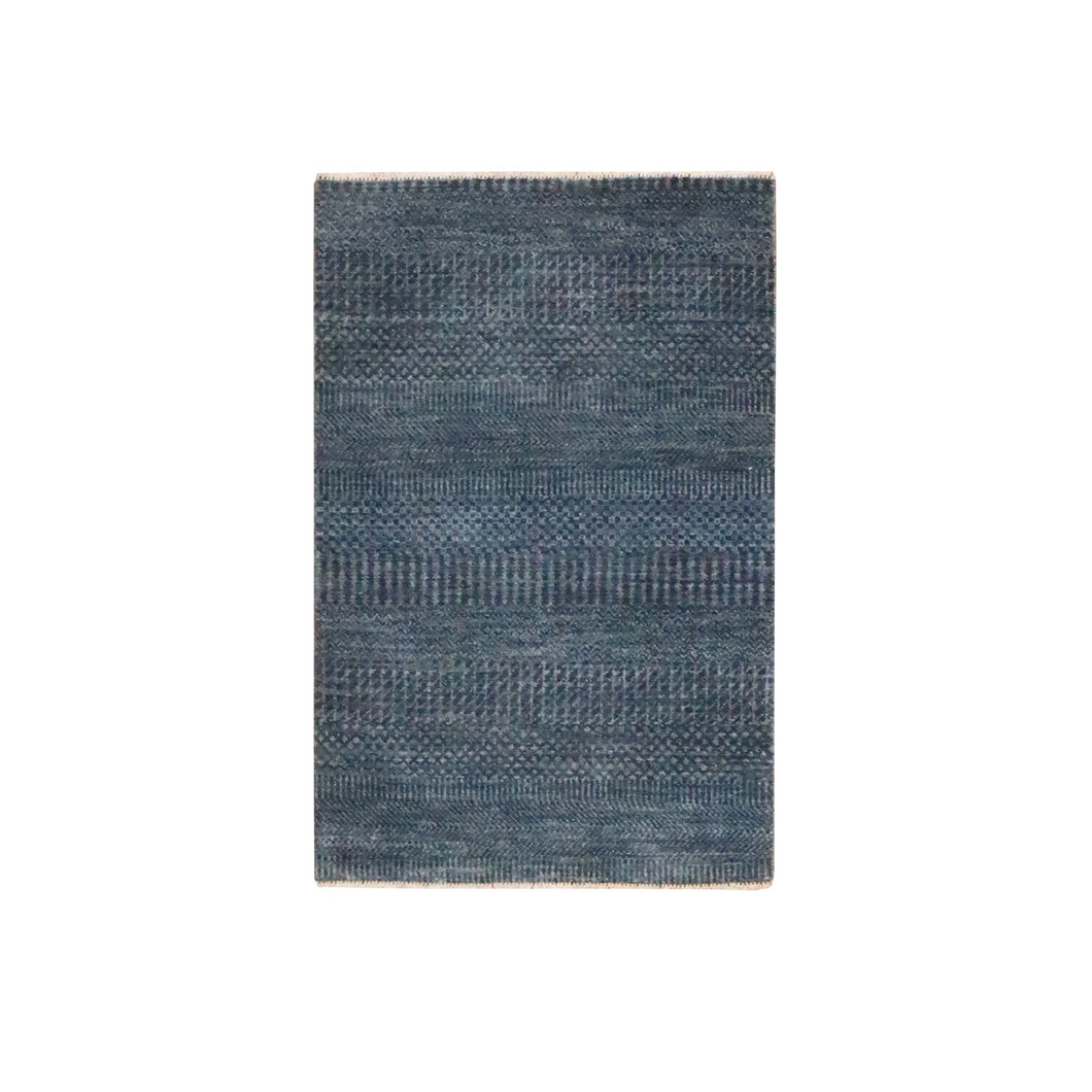 2'x3' Denim Blue, Lush and Plush, Sample, Modern Grass Design, Tone on Tone, Hand Knotted, Wool with touch of Silk, Mat, Oriental Rug FWR459054