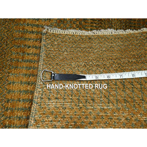 2'x3' Golden Brown, Modern Grass Design, Hand Knotted, Wool With Touch Of Silk, Lush And Plush, Sample, Tone On Tone, Mat, Oriental Rug FWR459060