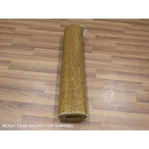 2'x3' Golden Brown, Modern Grass Design, Hand Knotted, Wool With Touch Of Silk, Lush And Plush, Sample, Tone On Tone, Mat, Oriental Rug FWR459060