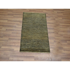 2'x3' Honey Brown, Hand Knotted, Modern Grass Design, Wool With Touch Of Silk, Tone On Tone, Lush And Plush, Mat, Oriental Rug FWR459084
