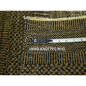 2'x3' Honey Brown, Hand Knotted, Modern Grass Design, Wool With Touch Of Silk, Tone On Tone, Lush And Plush, Mat, Oriental Rug FWR459084