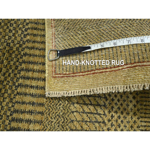 2'x3' Honey Brown, Hand Knotted, Modern Grass Design, Wool With Touch Of Silk, Tone On Tone, Lush And Plush, Mat, Oriental Rug FWR459090