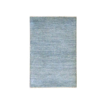 Load image into Gallery viewer, 2&#39;x3&#39; Aegean Blue, Lush and Plush, Hand Knotted, Modern Grass Design, Wool with touch of Silk, Tone on Tone, Sample Mat, Oriental Rug FWR459120