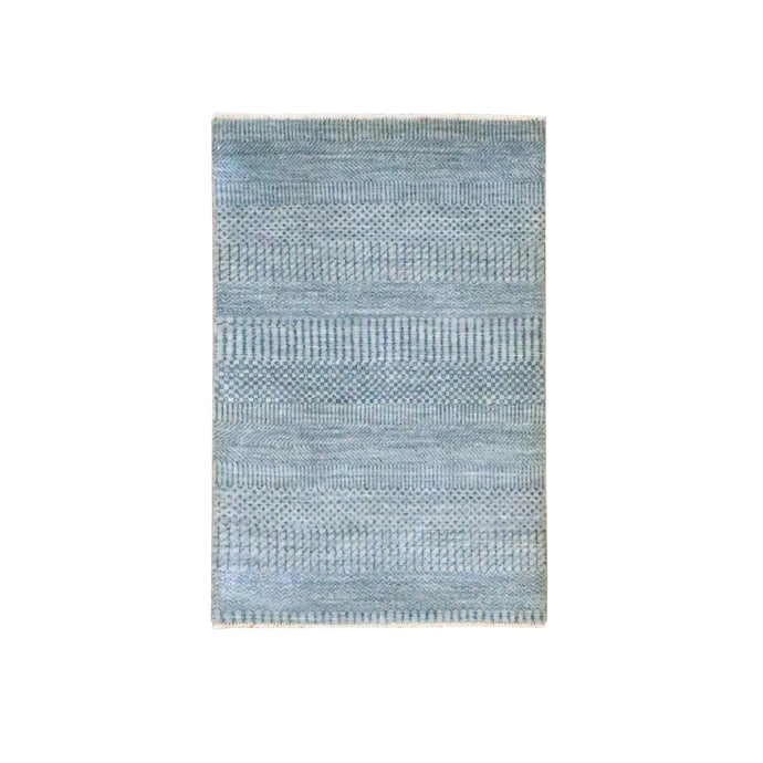 2'x3' Aegean Blue, Lush and Plush, Hand Knotted, Modern Grass Design, Wool with touch of Silk, Tone on Tone, Sample Mat, Oriental Rug FWR459120
