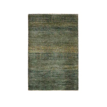 Load image into Gallery viewer, 2&#39;x3&#39; Charcoal Black with Gold, Hand Knotted, Modern Grass Design, Sample, Wool and Silk, Tone on Tone, Lush and Plush, Mat, Oriental Rug FWR459198