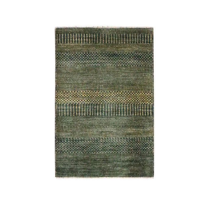 2'x3' Charcoal Black with Gold, Hand Knotted, Modern Grass Design, Sample, Wool and Silk, Tone on Tone, Lush and Plush, Mat, Oriental Rug FWR459198