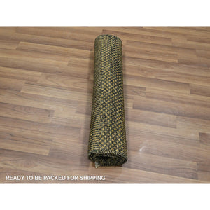 2'x3' Charcoal Black with Gold, Hand Knotted, Modern Grass Design, Sample, Wool and Silk, Tone on Tone, Lush and Plush, Mat, Oriental Rug FWR459198