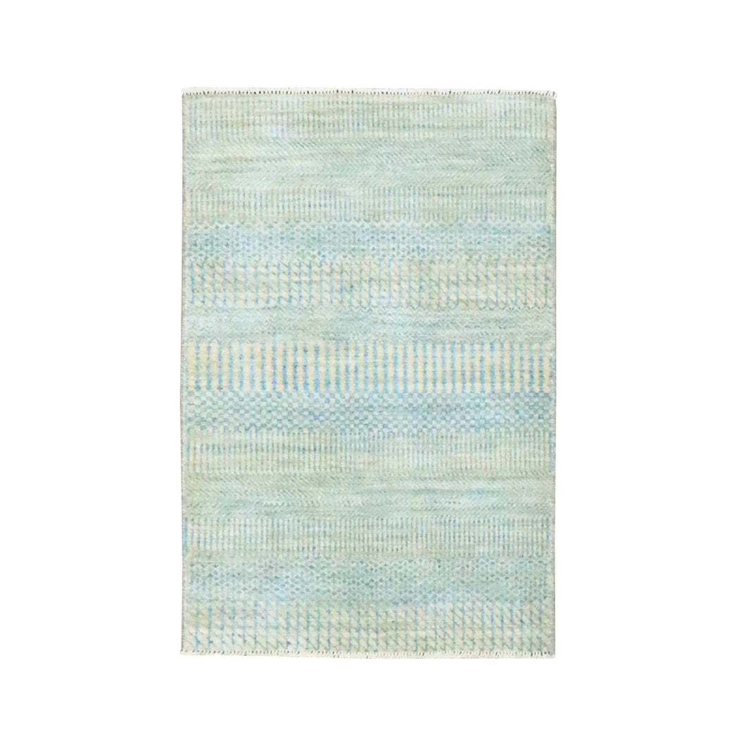2'x3' Light Blue, Tone on Tone, Lush and Plush, Hand Knotted, Modern Grass Design, Wool with touch of Silk, Sample, Mat, Oriental Rug FWR459210