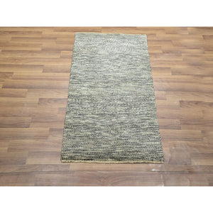 2'x3' Beige, Modern Grass Design, Hand Knotted, Tone On Tone, Undyed Natural Wool, Mat, Sample, Oriental Rug FWR459492