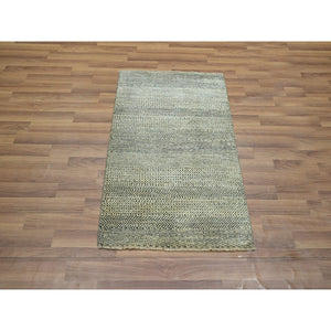 2'x3' Beige-gray, Modern Grass Design, Tone On Tone, Hand Knotted, Undyed Natural Wool, Mat, Sample, Oriental Rug FWR459564