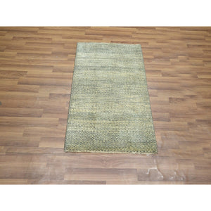 2'x3' Beige, Undyed Natural Wool, Modern Grass Design, Tone On Tone, Hand Knotted, Mat, Sample, Oriental Rug FWR459576