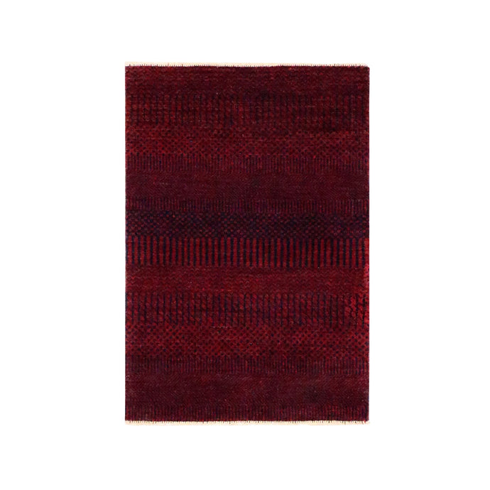 2'x3' Currant Red, Modern Grass Design, Hand Knotted, Wool with touch of Silk, Tone on Tone, Lush and Plush, Sample, Mat, Oriental Rug FWR459612