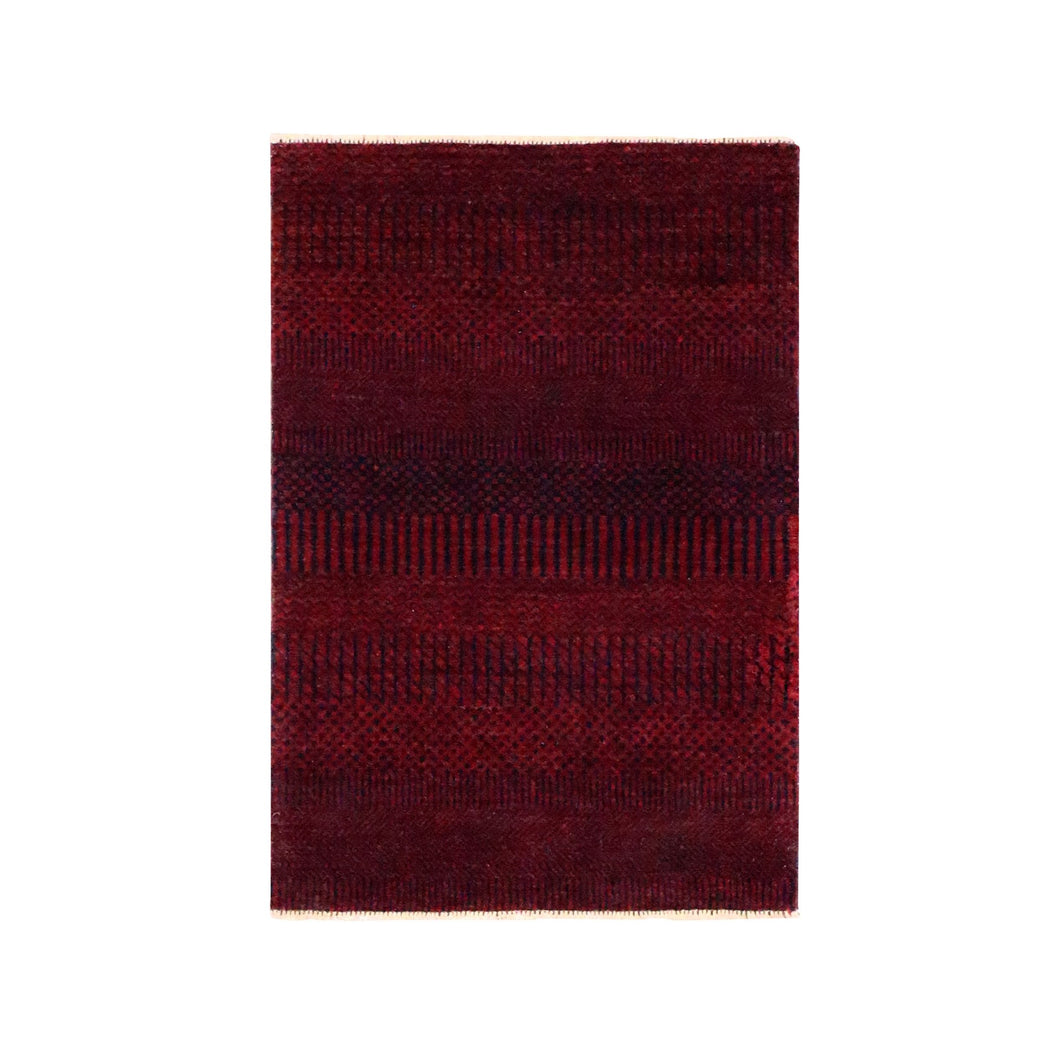 2'x3' Currant Red, Modern Grass Design, Hand Knotted, Wool with touch of Silk, Tone on Tone, Lush and Plush, Sample, Mat, Oriental Rug FWR459612