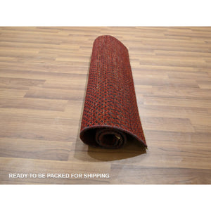 2'x3' Currant Red, Modern Grass Design, Hand Knotted, Wool with touch of Silk, Tone on Tone, Lush and Plush, Sample, Mat, Oriental Rug FWR459612