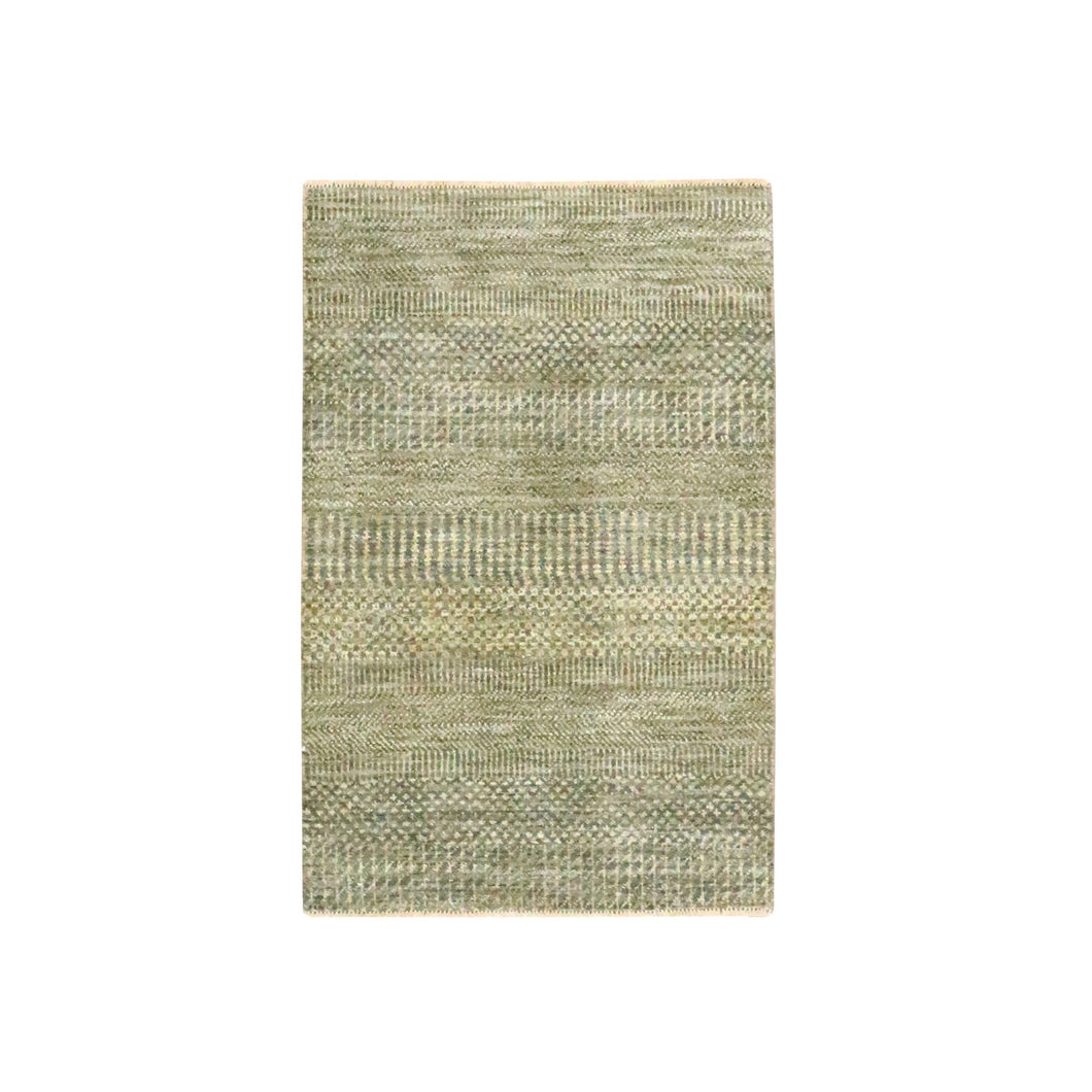 2'x3' Ecru Brown, Modern Grass Design, Hand Knotted, Wool with touch of Silk, Tone on Tone, Lush and Plush, Mat, Sample, Oriental Rug FWR459624