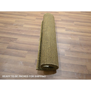 2'x3' Ecru Brown, Modern Grass Design, Hand Knotted, Wool with touch of Silk, Tone on Tone, Lush and Plush, Mat, Sample, Oriental Rug FWR459624