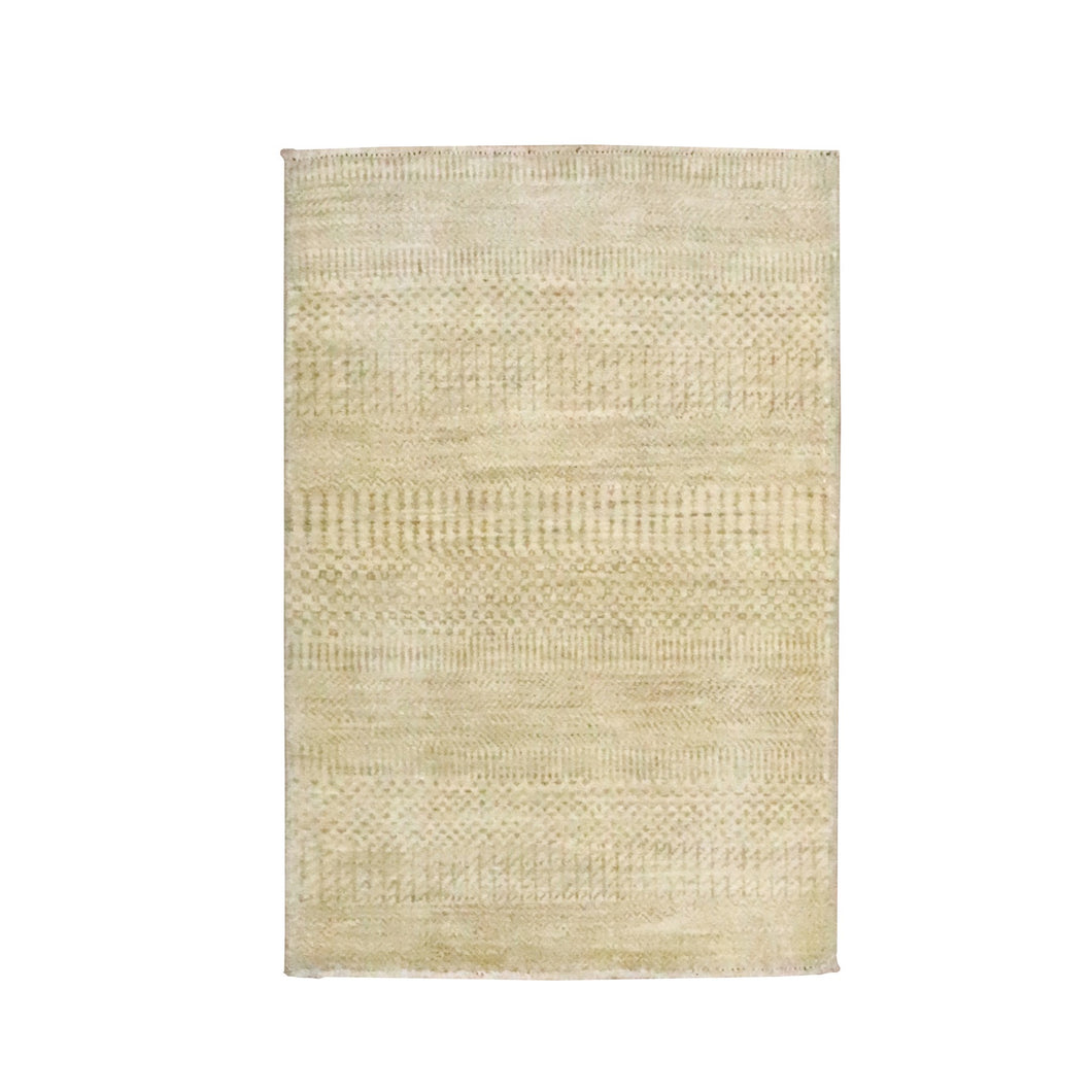 2'x3' Beige, Modern Grass Design, Hand Knotted, Wool with touch of Silk, Tone on Tone, Lush and Plush, Sample, Mat, Oriental Rug FWR459642
