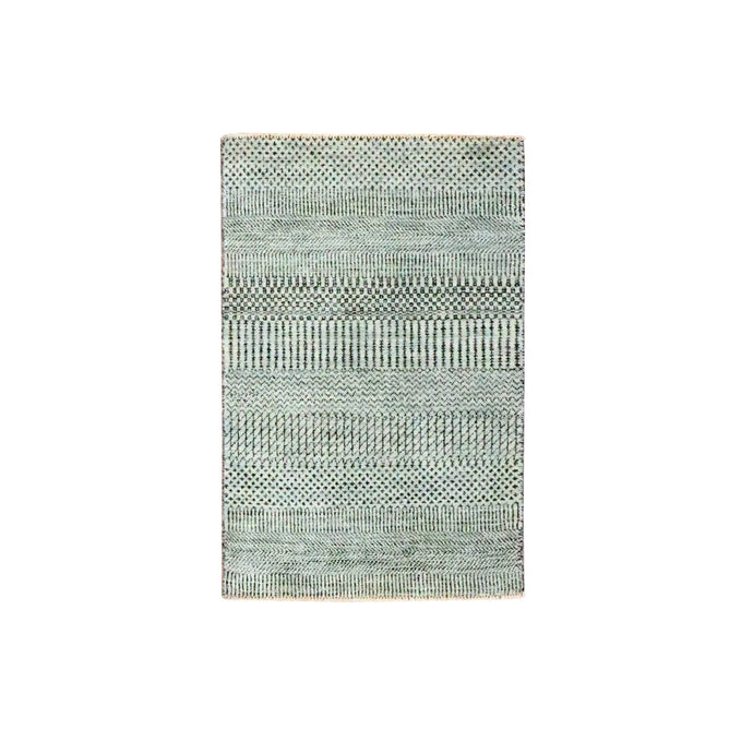 2'x3' Cloud Gray, Modern Grass Design, Hand Knotted, Wool with touch of Silk, Tone on Tone, Lush and Plush, Sample, Mat, Oriental Rug FWR459666
