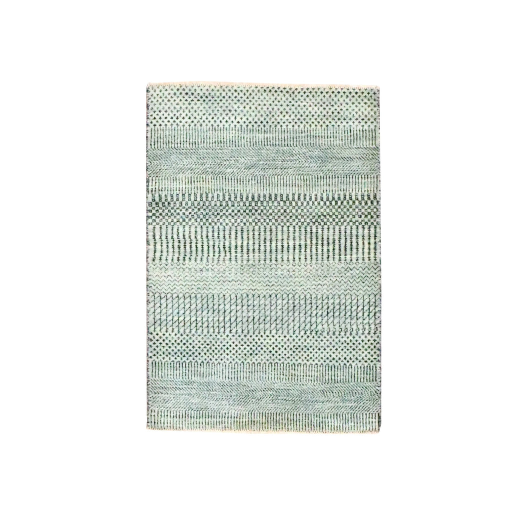 2'x3' Medium Gray, Wool with touch of Silk, Modern Grass Design, Hand Knotted, Tone on Tone, Lush and Plush, Sample, Mat, Oriental Rug FWR459672