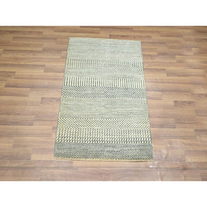 2'x3' Gray-Beige, Modern Grass Design, Hand Knotted, Wool with touch of Silk, Tone on Tone, Lush and Plush, Sample, Mat, Oriental Rug FWR459696