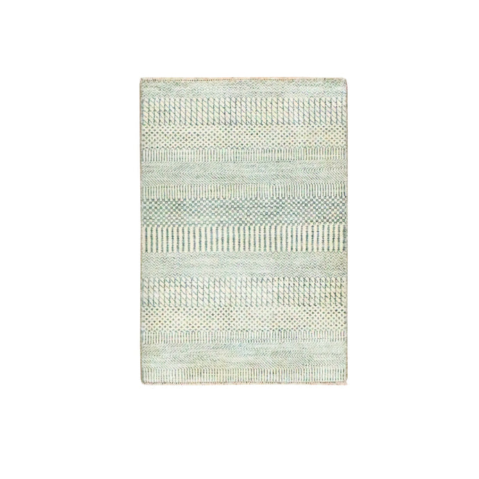 2'x3' Gray-Beige, Tone on Tone, Modern Grass Design, Hand Knotted, Wool with touch of Silk, Lush and Plush, Sample, Mat, Oriental Rug FWR459702