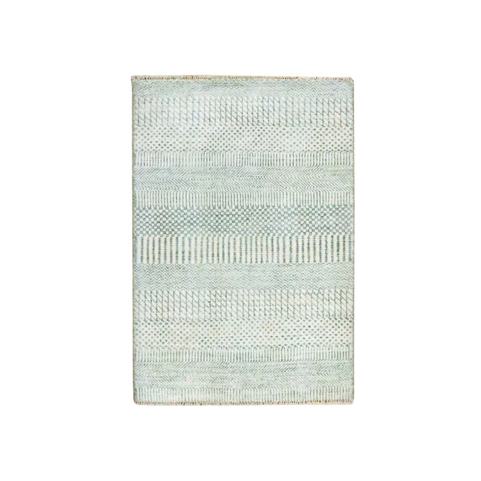 2'x3' Gray-Beige, Hand Knotted, Modern Grass Design, Wool with touch of Silk, Tone on Tone, Lush and Plush, Sample, Mat, Oriental Rug FWR459708