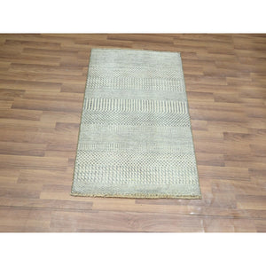 2'x3' Gray-Beige, Hand Knotted, Modern Grass Design, Wool with touch of Silk, Tone on Tone, Lush and Plush, Sample, Mat, Oriental Rug FWR459708
