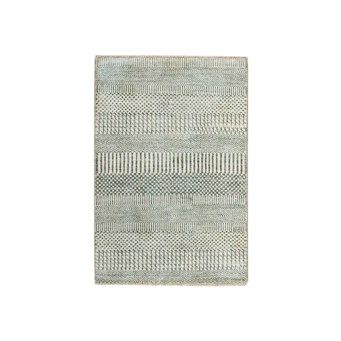 2'x3' Gray-Beige, Modern Grass Design, Hand Knotted, Wool with touch of Silk, Tone on Tone, Lush and Plush, Sample, Mat, Oriental Rug FWR459714