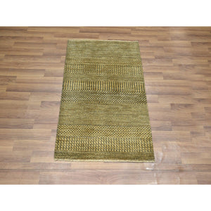2'x3' Golden Brown, Modern Grass Design, Hand Knotted, Wool with touch of Silk, Tone on Tone, Lush and Plush, Sample, Mat, Oriental Rug FWR459726