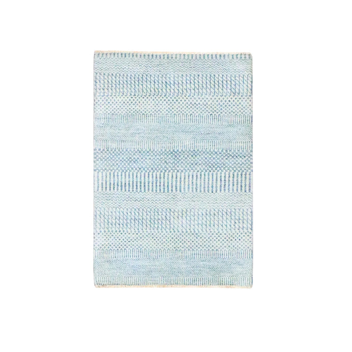 2'x3' Light Blue, Modern Grass Design, Hand Knotted, Wool with touch of Silk, Tone on Tone, Lush and Plush, Mat, Sample, Oriental Rug FWR459750