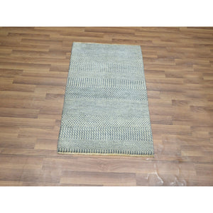 2'x3' Light Blue, Modern Grass Design, Hand Knotted, Wool with touch of Silk, Tone on Tone, Lush and Plush, Mat, Sample, Oriental Rug FWR459750
