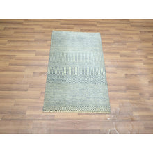 Load image into Gallery viewer, 2&#39;x3&#39; Yonder Blue, Modern Grass Design, Hand Knotted, Wool with touch of Silk, Tone on Tone, Lush and Plush, Sample, Mat, Oriental Rug FWR459762