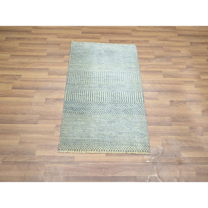 2'x3' Yonder Blue, Modern Grass Design, Hand Knotted, Wool with touch of Silk, Tone on Tone, Lush and Plush, Sample, Mat, Oriental Rug FWR459762