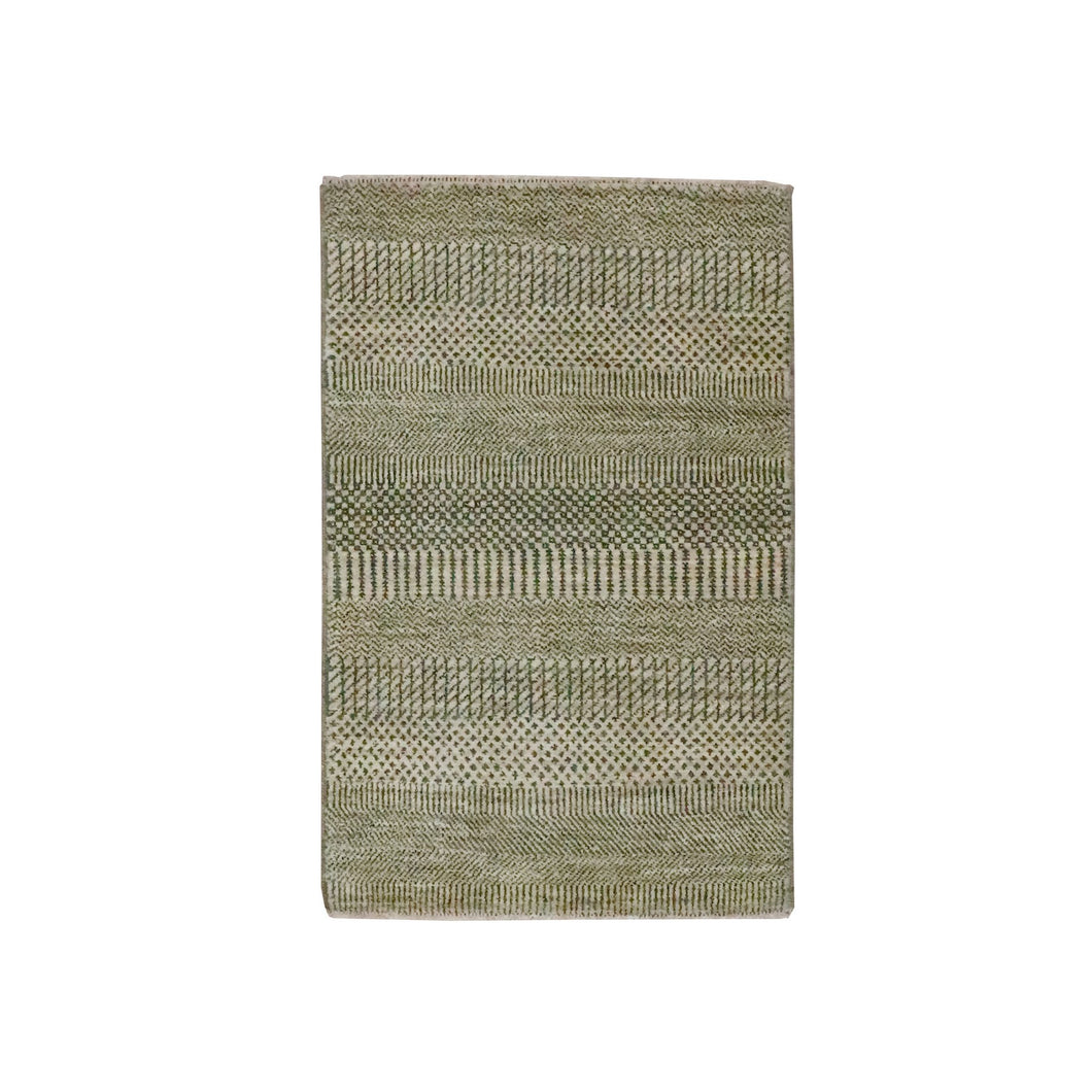 2'x3' Khaki Brown, Modern Grass Design, Hand Knotted, Wool with touch of Silk, Tone on Tone, Lush and Plush, Mat, Sample, Oriental Rug FWR459798