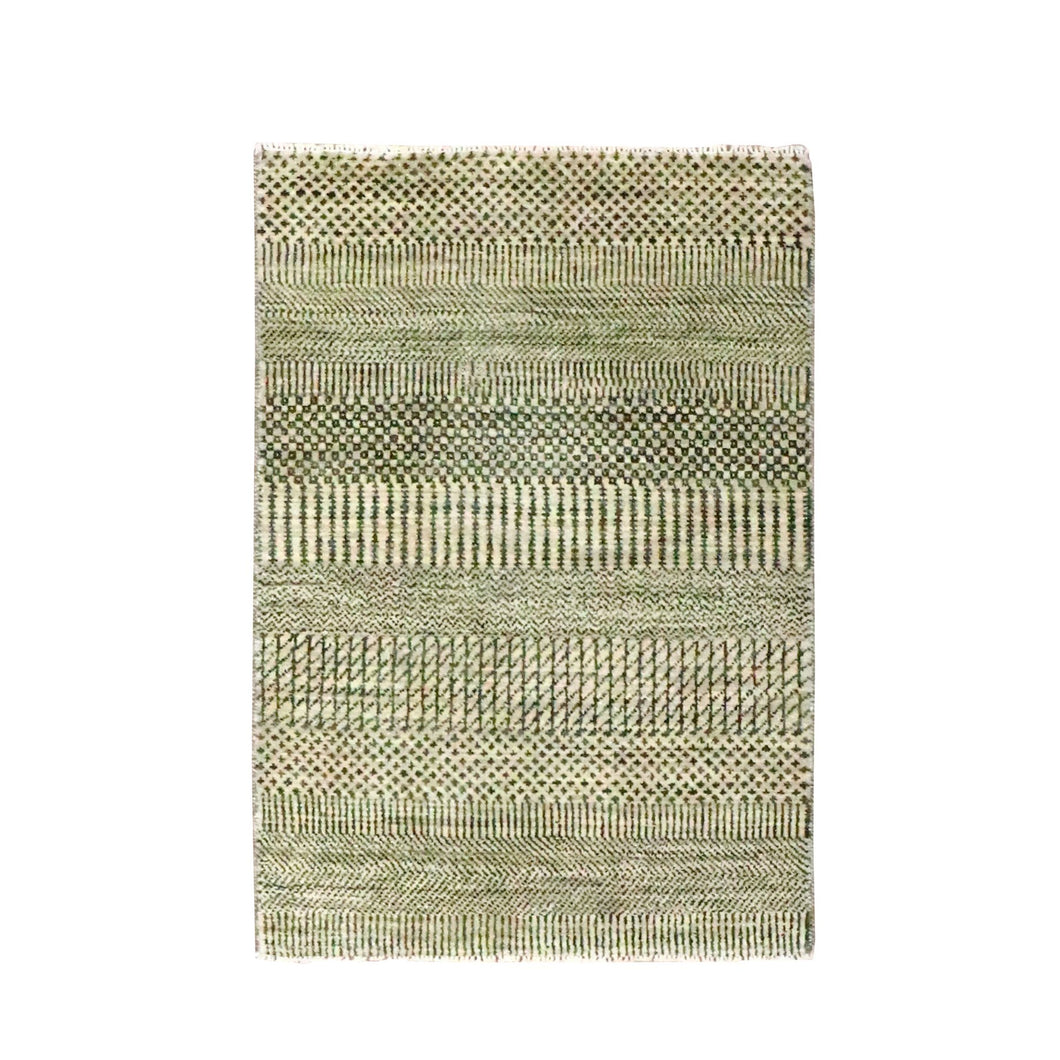 2'x3' Beige, Tone on Tone, Modern Grass Design, Hand Knotted, Wool with touch of Silk, Lush and Plush, Sample, Mat, Oriental Rug FWR459804