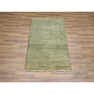 2'x3' Beige, Tone on Tone, Modern Grass Design, Hand Knotted, Wool with touch of Silk, Lush and Plush, Sample, Mat, Oriental Rug FWR459804