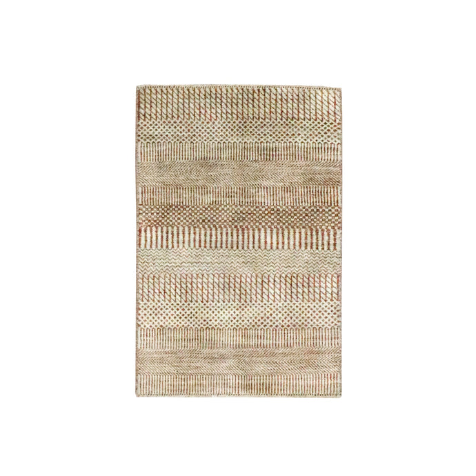 2'x3' Beige-Rust, Modern Grass Design, Hand Knotted, Wool with touch of Silk, Tone on Tone, Lush and Plush, Sample, Mat, Oriental Rug FWR459816