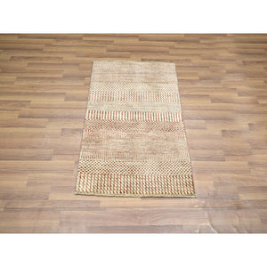 2'x3' Beige-Rust, Modern Grass Design, Hand Knotted, Wool with touch of Silk, Tone on Tone, Lush and Plush, Sample, Mat, Oriental Rug FWR459816