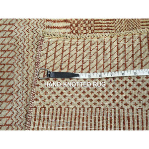 2'x3' Beige-Rust, Modern Grass Design, Hand Knotted, Wool with touch of Silk, Tone on Tone, Lush and Plush, Sample, Mat, Oriental Rug FWR459816