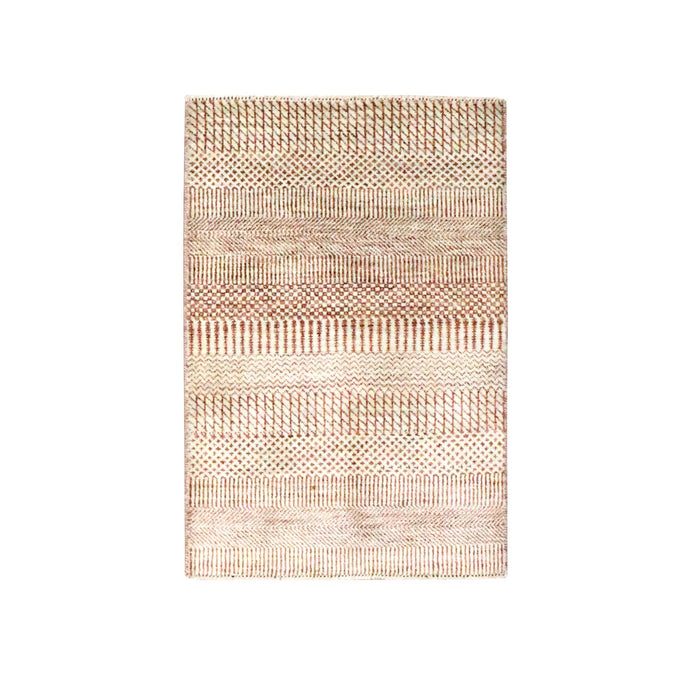 2'x3' Beige-Rust, Hand Knotted, Modern Grass Design, Wool with touch of Silk, Tone on Tone, Lush and Plush, Sample, Mat, Oriental Rug FWR459822