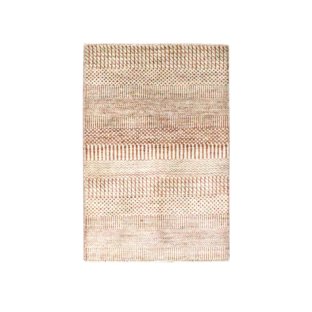 2'x3' Beige-Rust, Hand Knotted, Modern Grass Design, Wool with touch of Silk, Tone on Tone, Lush and Plush, Sample, Mat, Oriental Rug FWR459822