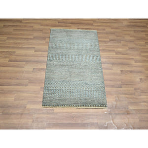2'x3' Slate Blue, Modern Grass Design, Hand Knotted, Wool with touch of Silk, Tone on Tone, Lush and Plush, Sample, Mat, Oriental Rug FWR459828