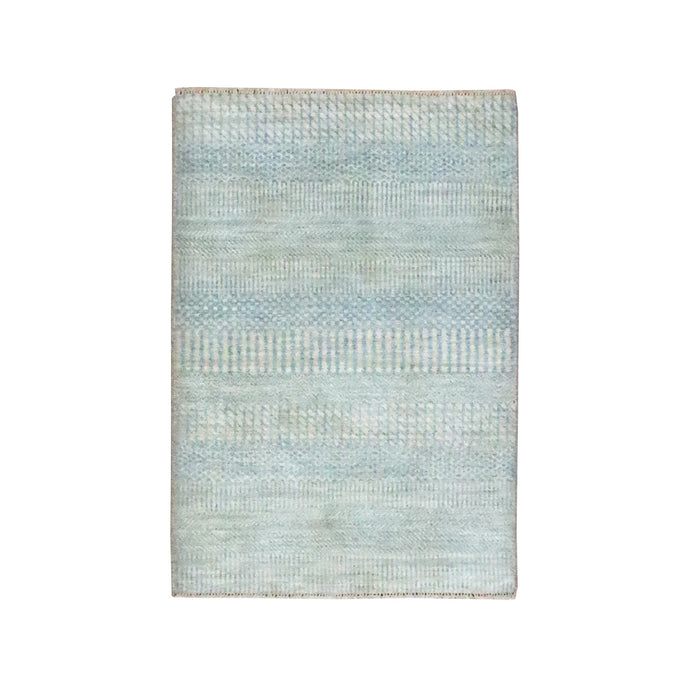 2'x3' Beige-Blue, Tone on Tone, Modern Grass Design, Hand Knotted, Wool with touch of Silk, Lush and Plush, Sample, Mat, Oriental Rug FWR459834