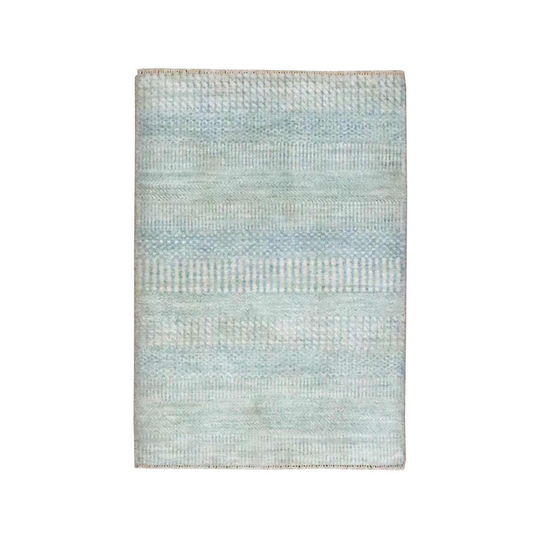 2'x3' Beige-Blue, Tone on Tone, Modern Grass Design, Hand Knotted, Wool with touch of Silk, Lush and Plush, Sample, Mat, Oriental Rug FWR459834
