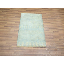 Load image into Gallery viewer, 2&#39;x3&#39; Beige-Blue, Tone on Tone, Modern Grass Design, Hand Knotted, Wool with touch of Silk, Lush and Plush, Sample, Mat, Oriental Rug FWR459834