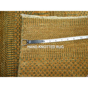 2'x3' Golden Brown, Modern Grass Design, Hand Knotted, Wool With Touch Of Silk, Tone On Tone, Lush And Plush, Sample, Mat, Oriental Rug FWR459906