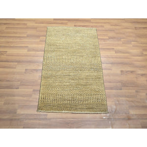 2'x3' Ecru Brown, Modern Grass Design, Hand Knotted, Wool With Touch Of Silk, Tone On Tone, Lush And Plush, Mat, Sample, Oriental Rug FWR459930
