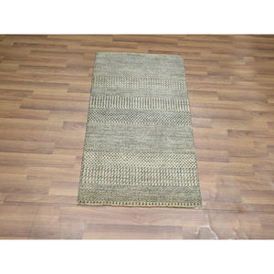 2'x3' Beige-gray, Modern Grass Design, Hand Knotted, Tone On Tone, Wool With Touch Of Silk, Lush And Plush, Mat, Sample, Oriental Rug FWR459948