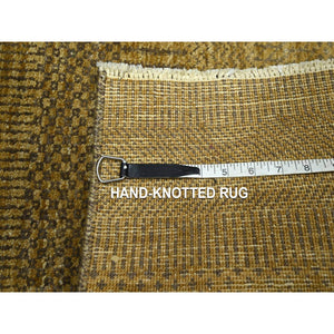 2'x3' Golden Brown, Modern Grass Design, Hand Knotted, Wool With Touch Of Silk, Tone On Tone, Lush And Plush, Sample, Mat, Oriental Rug FWR459954